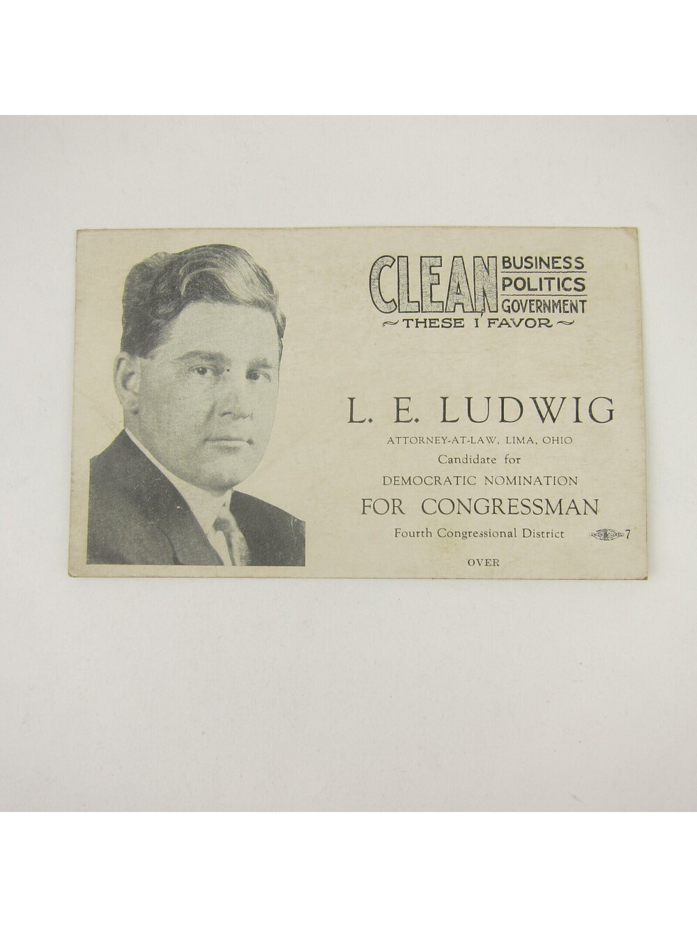 Political Campaign Election Card Ohio Congress 4th Dist L.E. Ludwig Vintage 1924